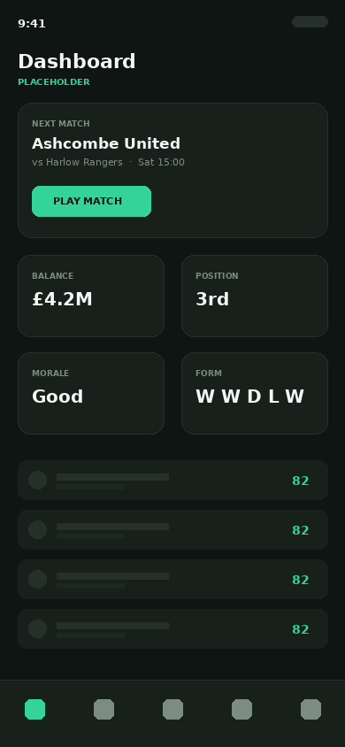 The club dashboard: next match, balance, league position and squad morale at a glance.
